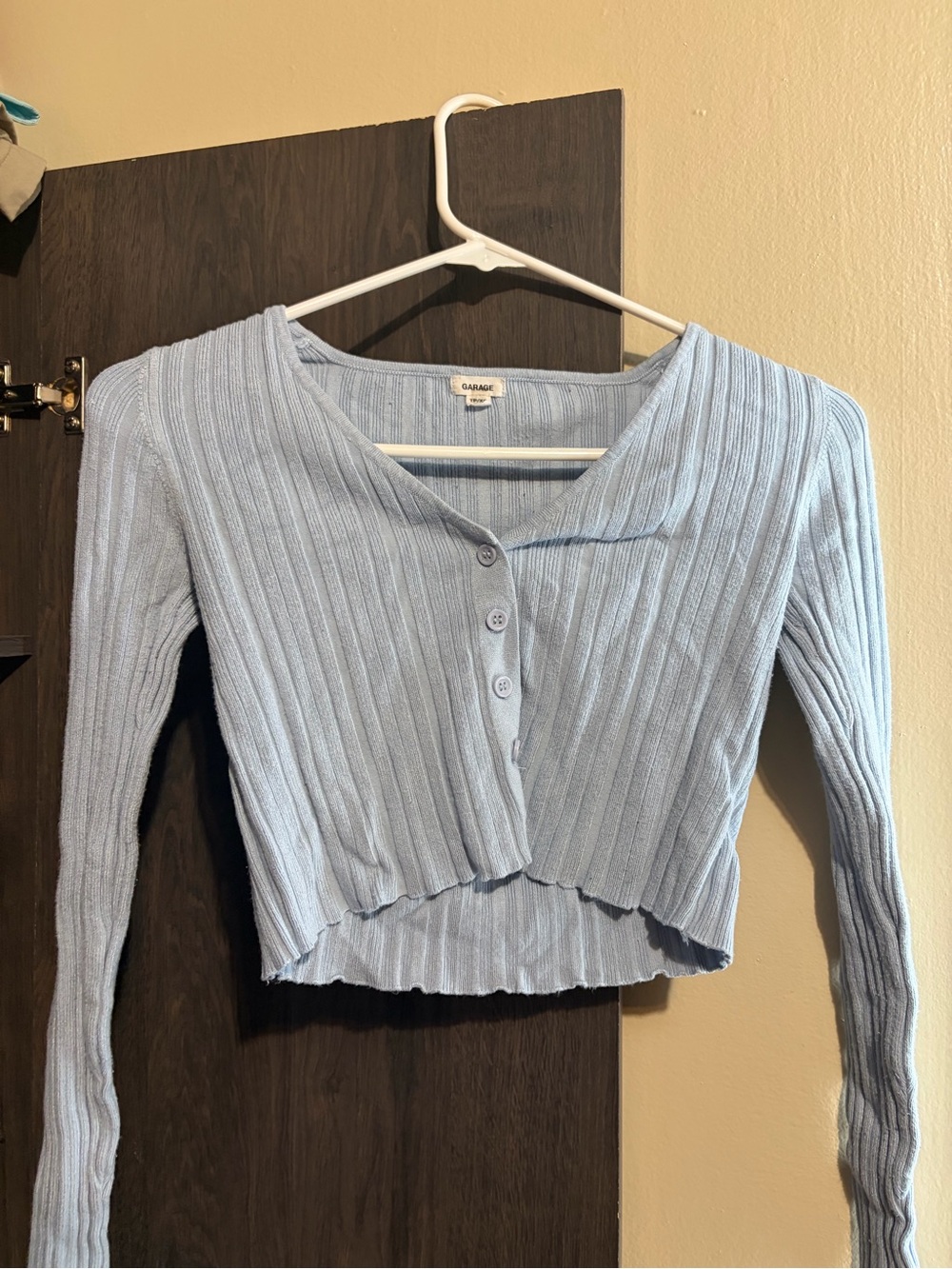 Garage Pale Blue Ribbed Cropped Button-Up Cardigan